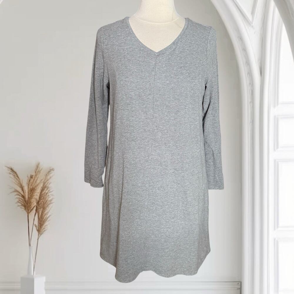 Pure Jill Knit Gray Knee Length Dress M Pima Cotton V‎ Neck Long Sleeves Pockets